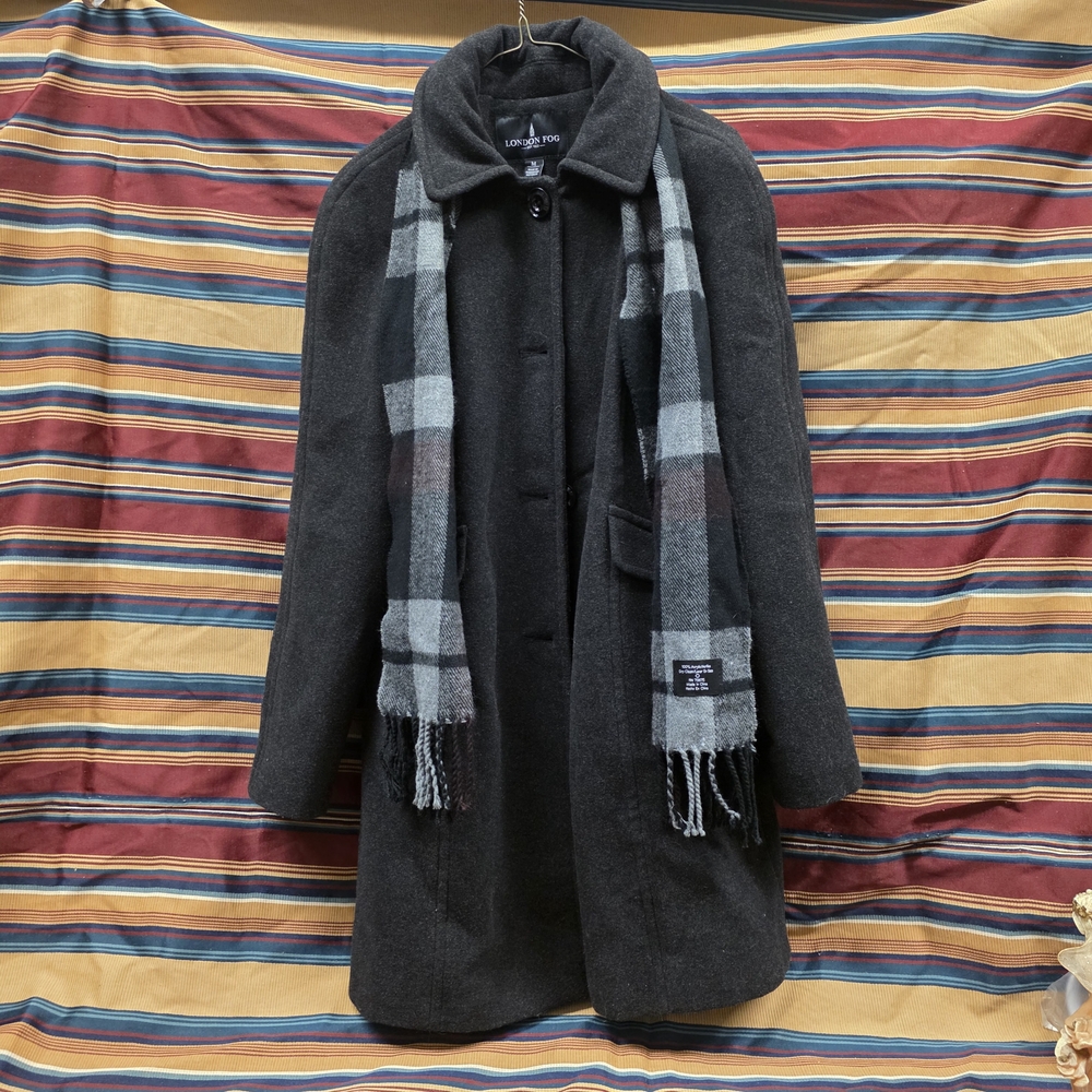 London Fog Charcoal Coat with Plaid Scarf